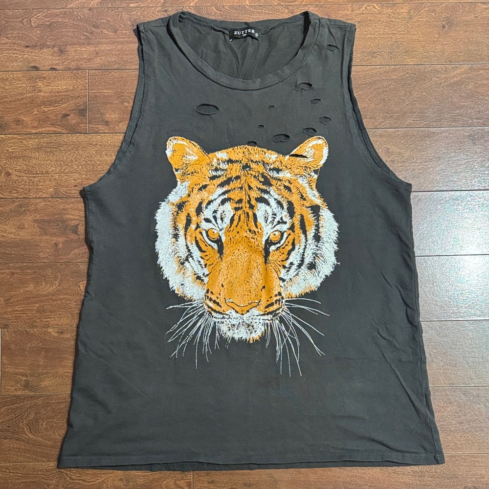 Black Distressed Tank Top with Tiger Print